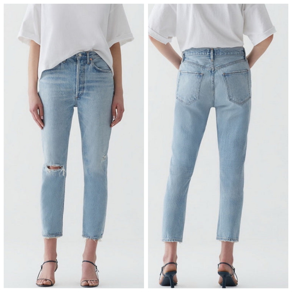 AGOLDE Riley High Rise Straight Crop, Button-Fly, Light Destructed Wash, EUC!
